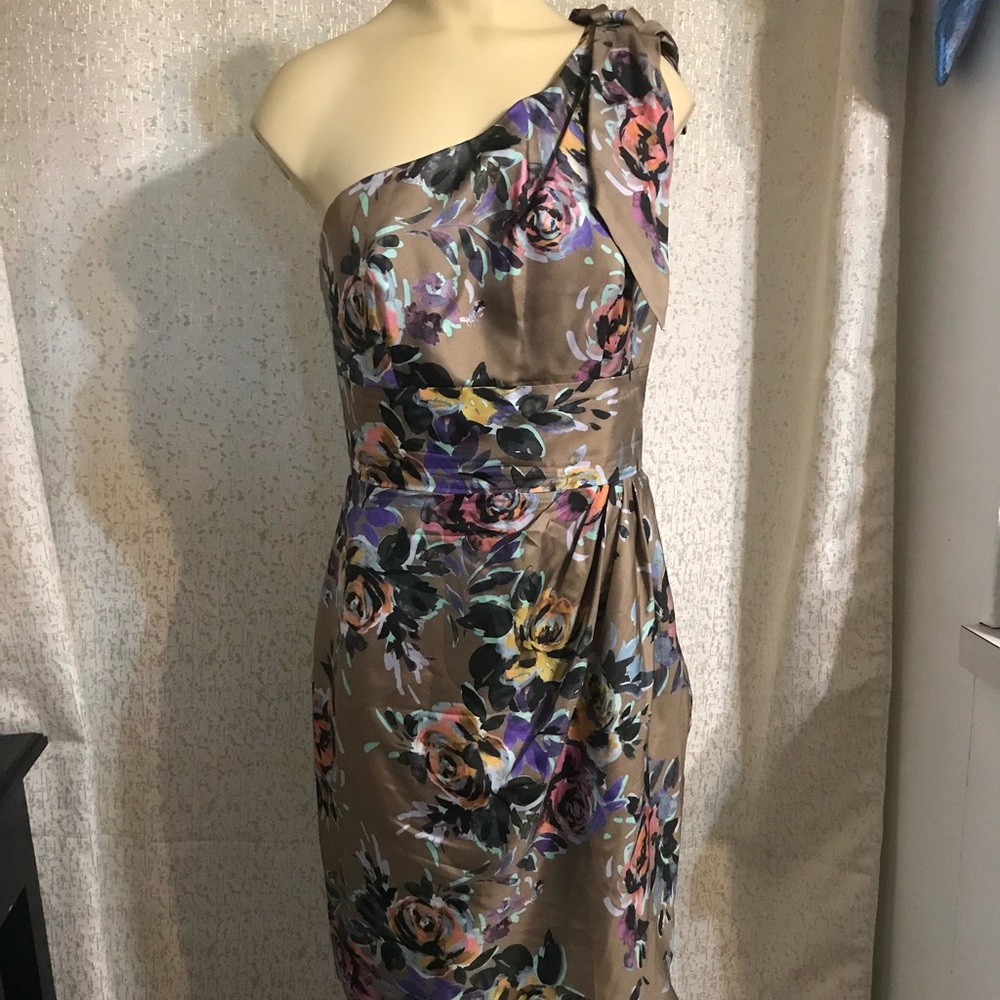 Trina Turk Tan Floral Silk One-Shoulder Mini Shift Dress, Size 4